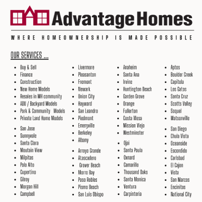 Advantage Homes mobile home dealer with manufactured homes for sale in San Jose, CA. View homes, community listings, photos, and more on MHVillage.